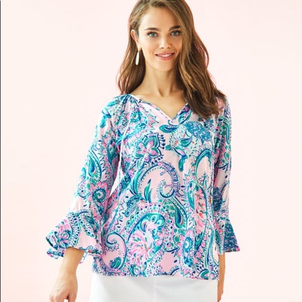 Lilly Pulitzer Willa Flounce Sleeve Top in Pink Tropics Tint Tangerine Dream